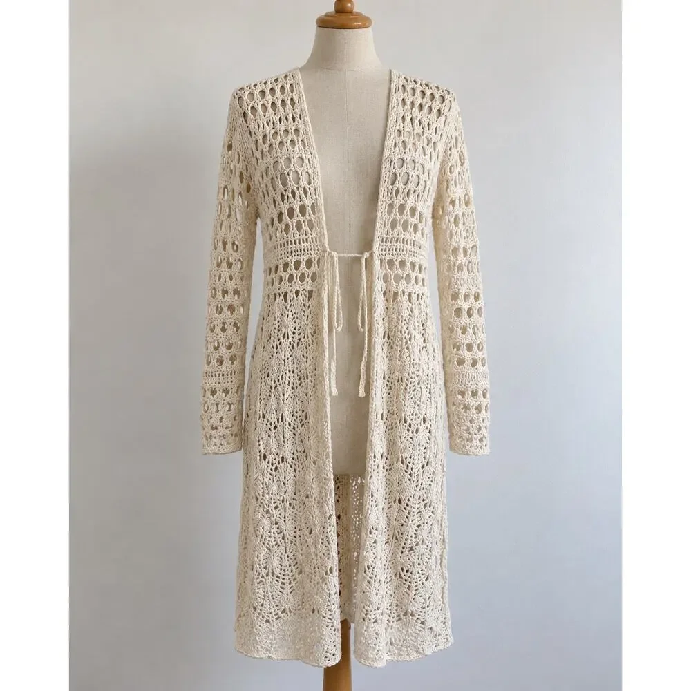 Free People Sweet Talker Long Crochet Cardigan S Ivory Boho Duster Festival